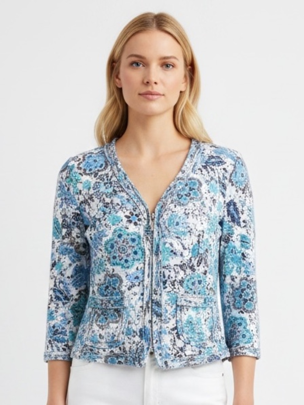 Christopher & Banks Blue Floral Zipper Jacket S